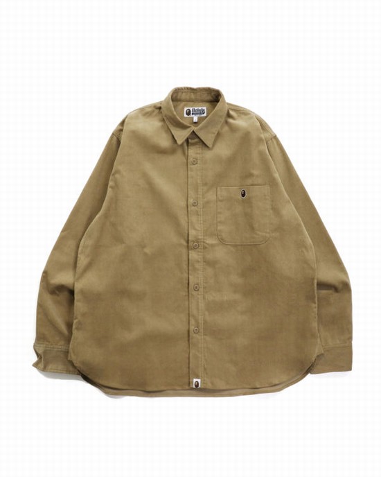 Camisas Bape Ape Head One Point Corduroy Relaxed Fit Trabajo Hombre Beige | CZSXO-8094