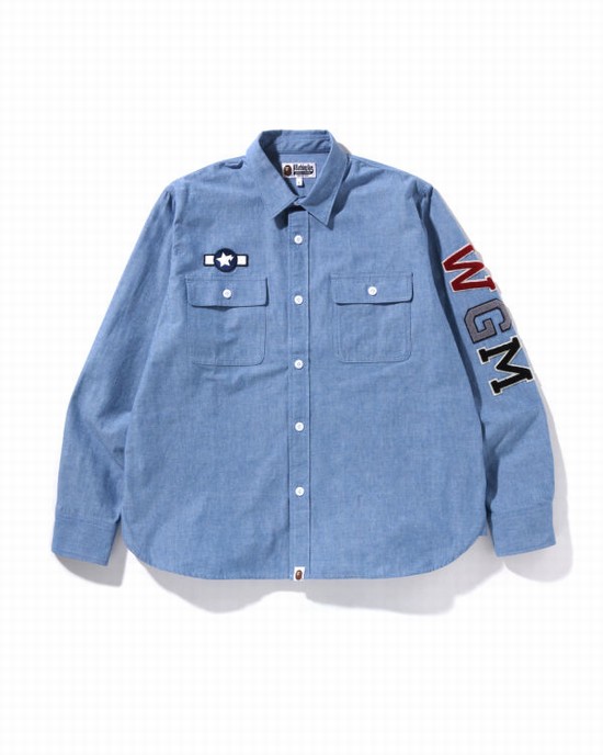 Camisas Bape Busy Shark Chambray Relaxed Fit Hombre Azules | DRKXO-5806