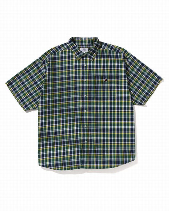 Camisas Bape Mini Check Loose Fit S/S Hombre Verde | IXNGW-6945