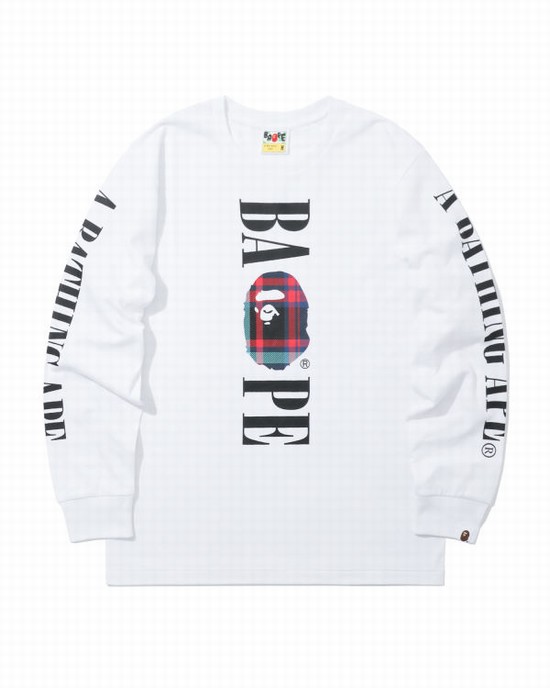 Camiseta Bape Check Head long sleeve Hombre Blancas | LKJOZ-0679