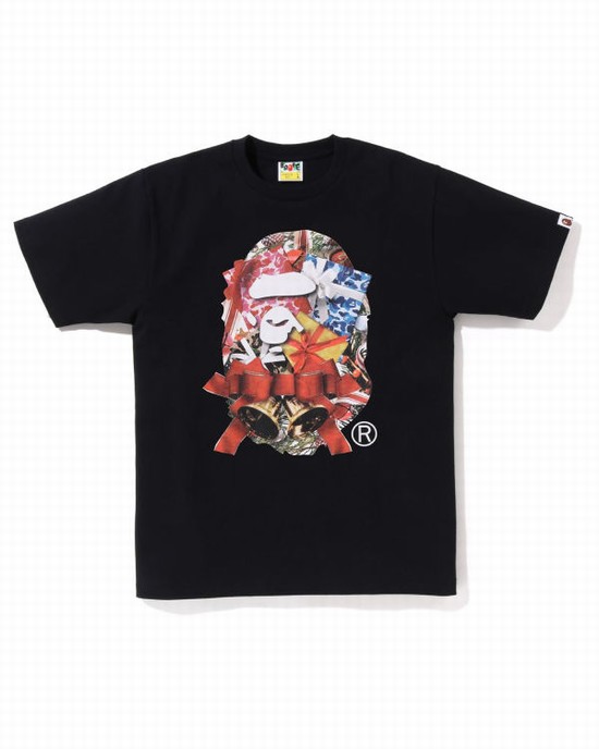 Camiseta Bape Christmas Ape Head Hombre Negras | XKWIU-7941