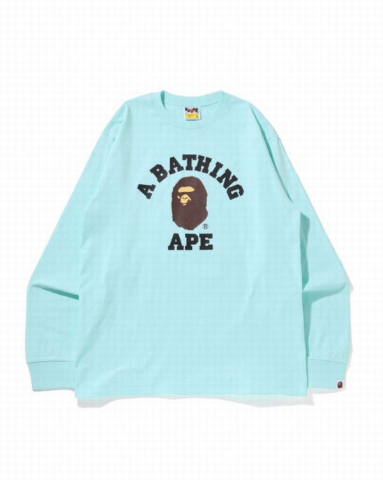 Camiseta Bape College L/S Hombre Azules Claro | GCUYR-4215