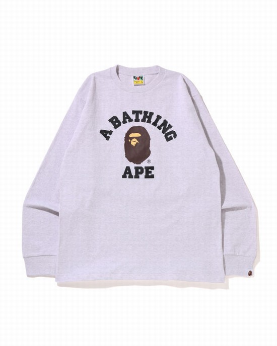 Camiseta Bape College L/S Hombre Gris | PGQBZ-9648