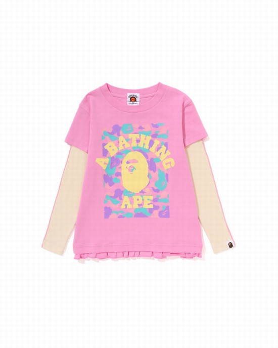 Camiseta Bape College Layered Frill L/S Niños Rosas | SIHNM-4092