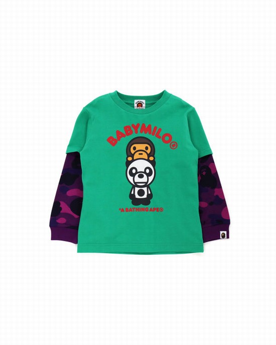 Camiseta Bape Color Camo Milo Panda Layered Long Sleeve Niños Verde Menta Verde | WGQVP-9261