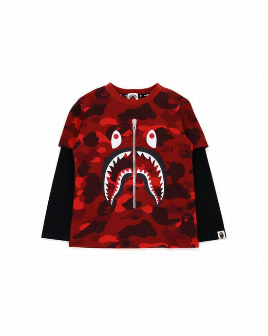 Camiseta Bape Color Camo Shark Layered Niños Rojas Claro | ZTQUD-4231