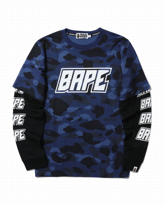 Camiseta Bape Color Camo layered Hombre Azul Marino Azules | RAJTP-9370