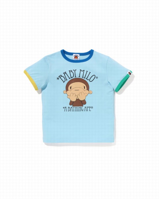 Camiseta Bape Drawn Milo Shy Ringer Niños Azules Claro | GVCSL-6587