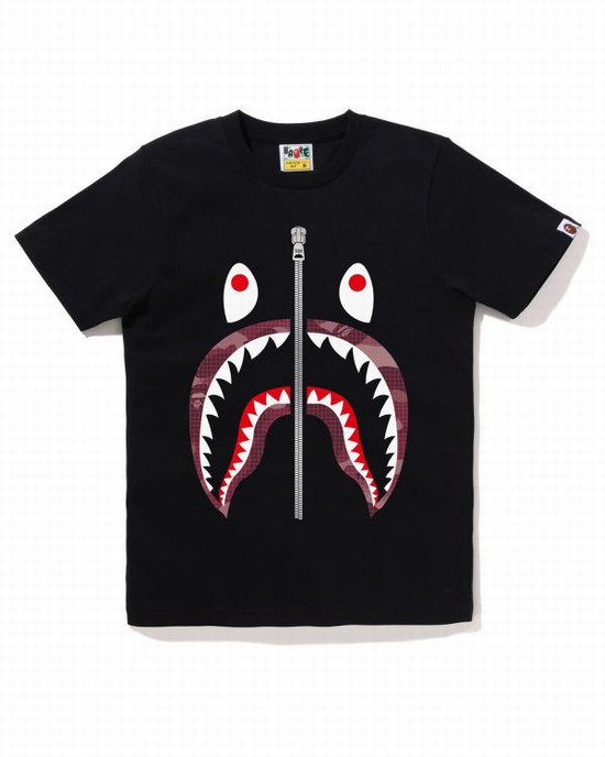 Camiseta Bape Grid Camo Shark Mujer Negras | RIMPX-2937