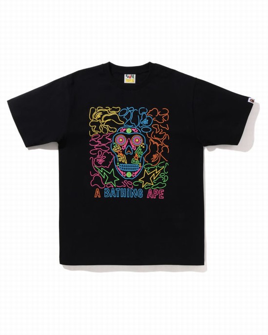 Camiseta Bape Halloween Neon Mexican Skull Hombre Negras | WIVCY-8329