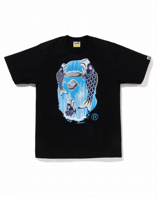 Camiseta Bape Koinobori Waterfall Ape Head Hombre Negras | BARKM-2739