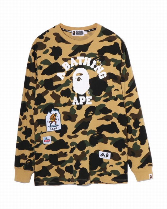 Camiseta Bape Multi Label 1st Camo L/S Mujer Amarillo | GCFSO-4751