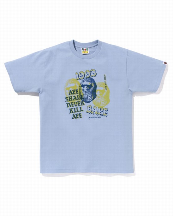 Camiseta Bape Pigment Three Ape Head Hombre Azules Claro | JCBPU-3102