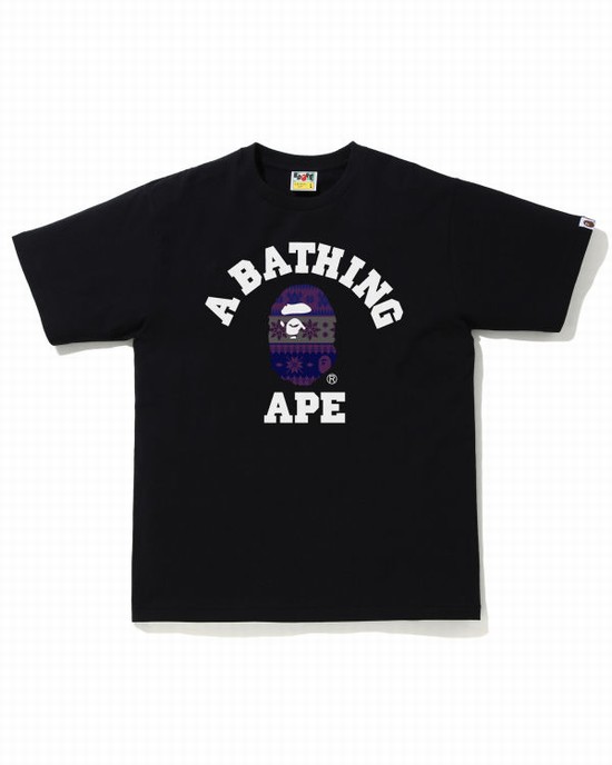 Camiseta Bape Snow Pattern College Hombre Negras | CTBYO-1986