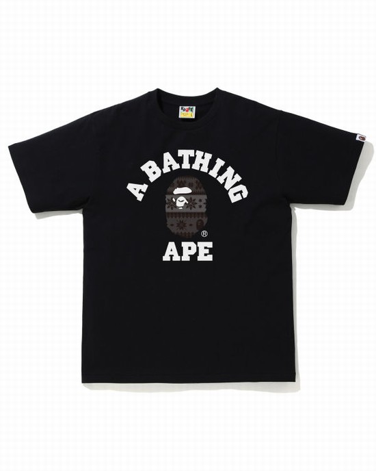 Camiseta Bape Snow Pattern College Hombre Negras | UKDML-7615