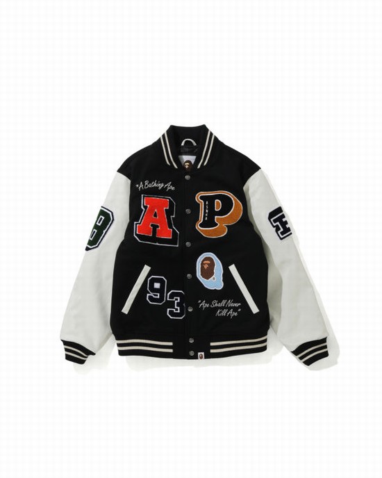 Chaquetas Bape Crazy Patch Varsity Hombre Negras | QETBU-9168