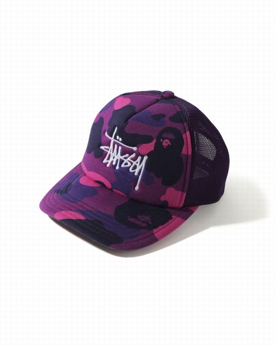 Gorras Bape X Stussy Trucker Hombre Moradas | BUMWY-7086