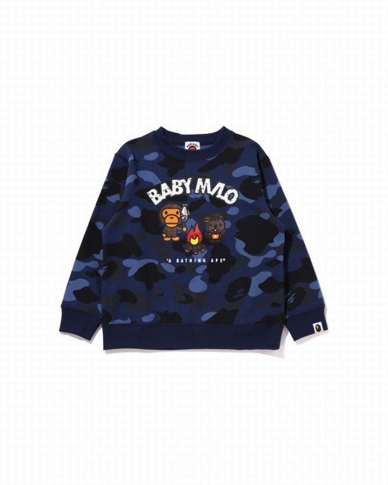 Sudaderas Bape Color Camo Milo Camp Crewneck Niños Azul Marino Azules | UYGSJ-2069