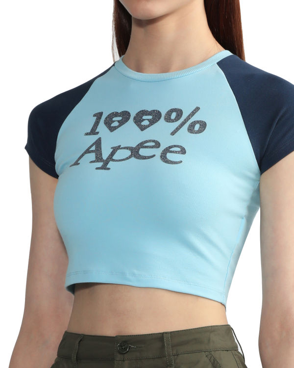 Camiseta Bape Estampadas crop raglan Mujer Azules Claro | EWSBT-4321