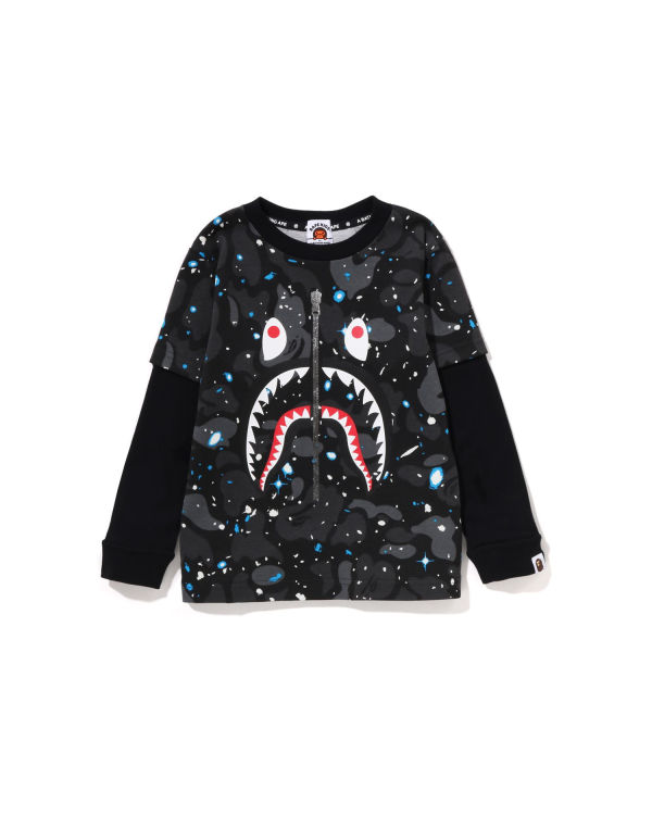 Camiseta Bape Space Camo Shark Layered L/S Niños Negras | NWUSR-0257